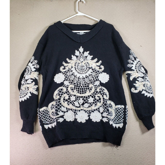 Bonnie Boerer Sweater Womens Small Black V-Neck Sequin Bling Trim Knit Pullover - Picture 1 of 10